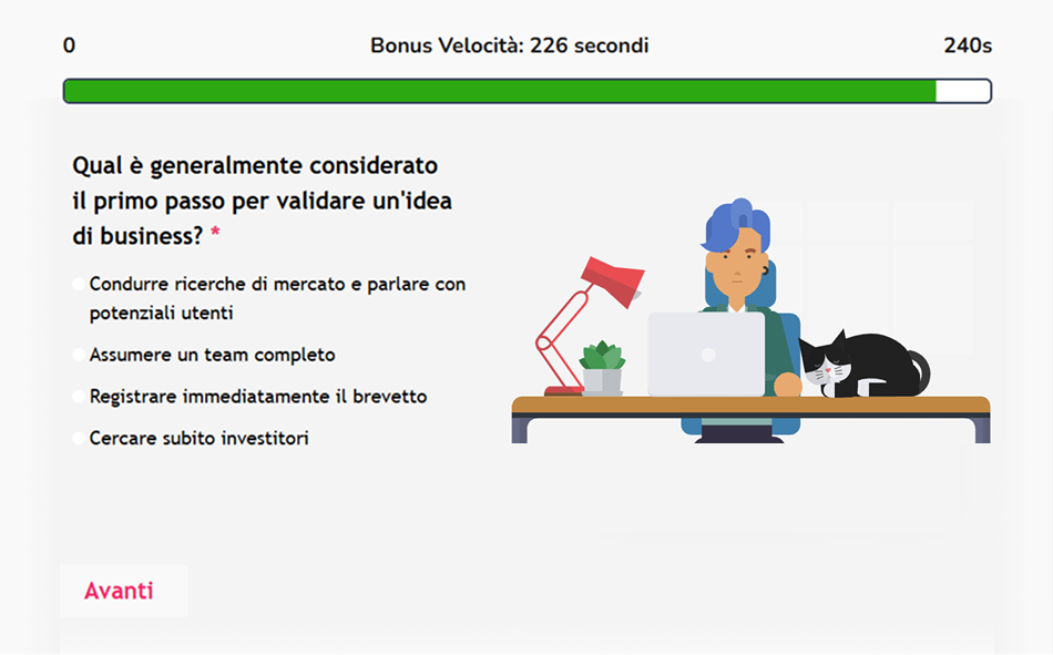 Domanda di un quiz con barra del bonus velocità e quattro risposte