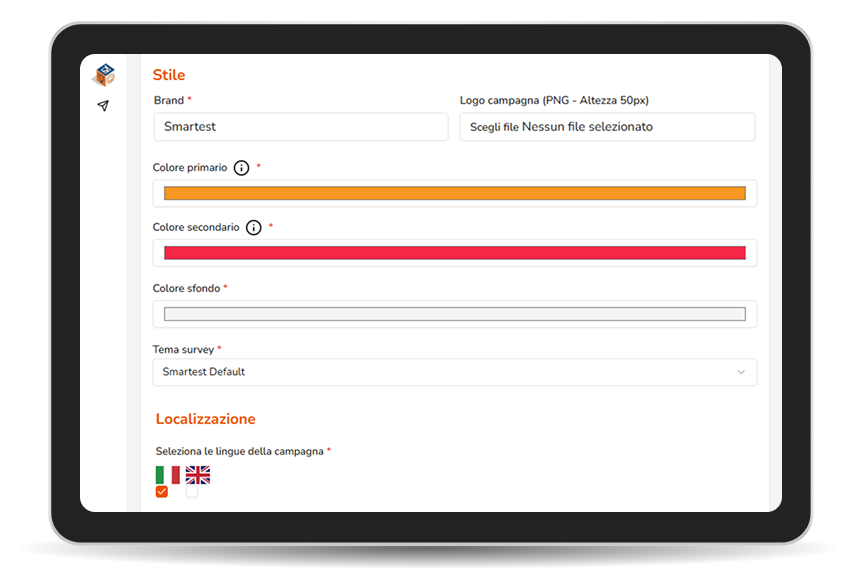 Pannello di configurazione dello stile: brand, colori, tema, logo e lingue della campagna