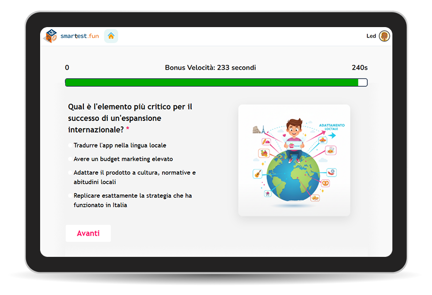 Anteprima di una domanda del quiz con immagine illustrata e quattro risposte